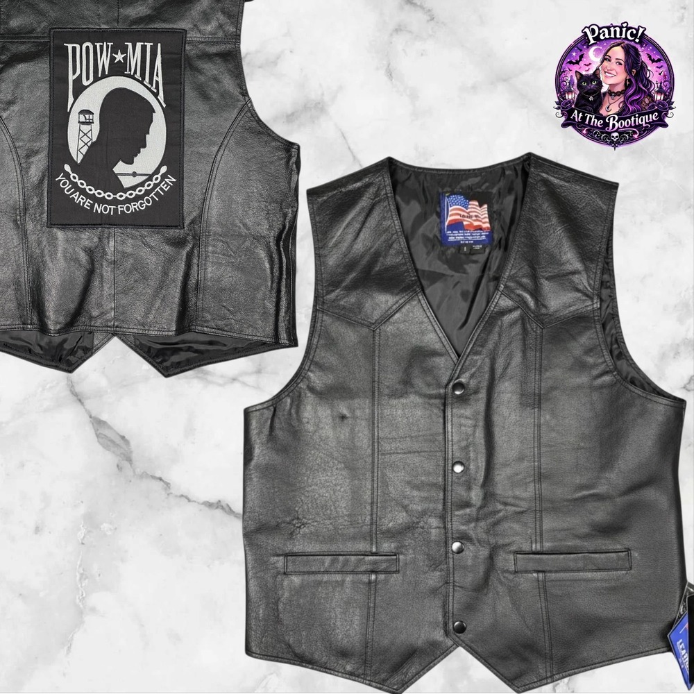 Leather USA Biker Vest Mens‎ L Black Genuine Leather POW MIA Patch Patriotic NWT